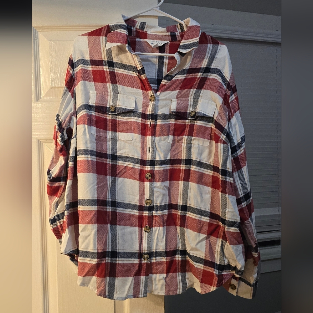 Market And Spruce Red, White And Navy Plaid Button-Up Shirt